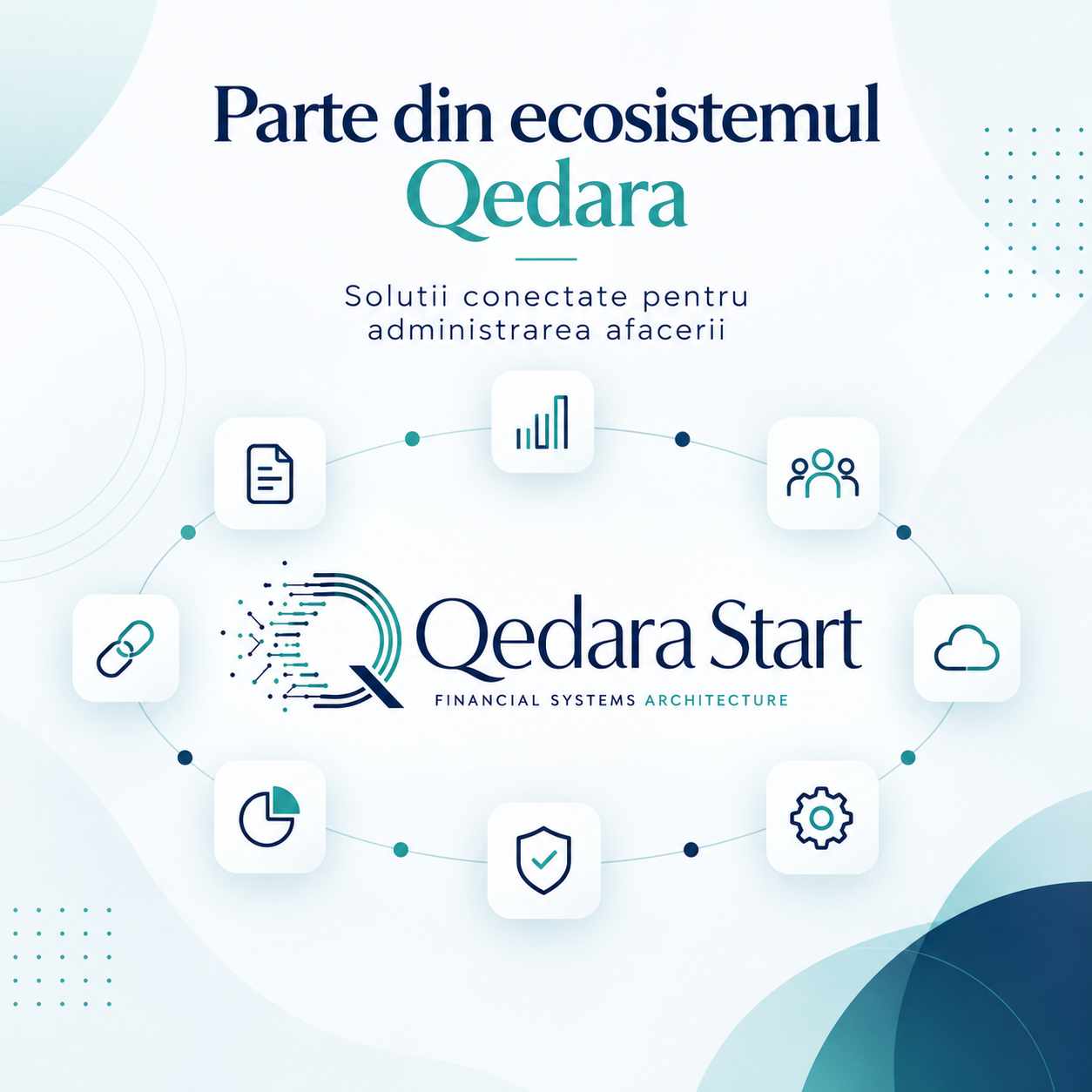 Ilustrație de brand Qedara Start: documente, oameni și operațiuni într-un ecosistem conectat.